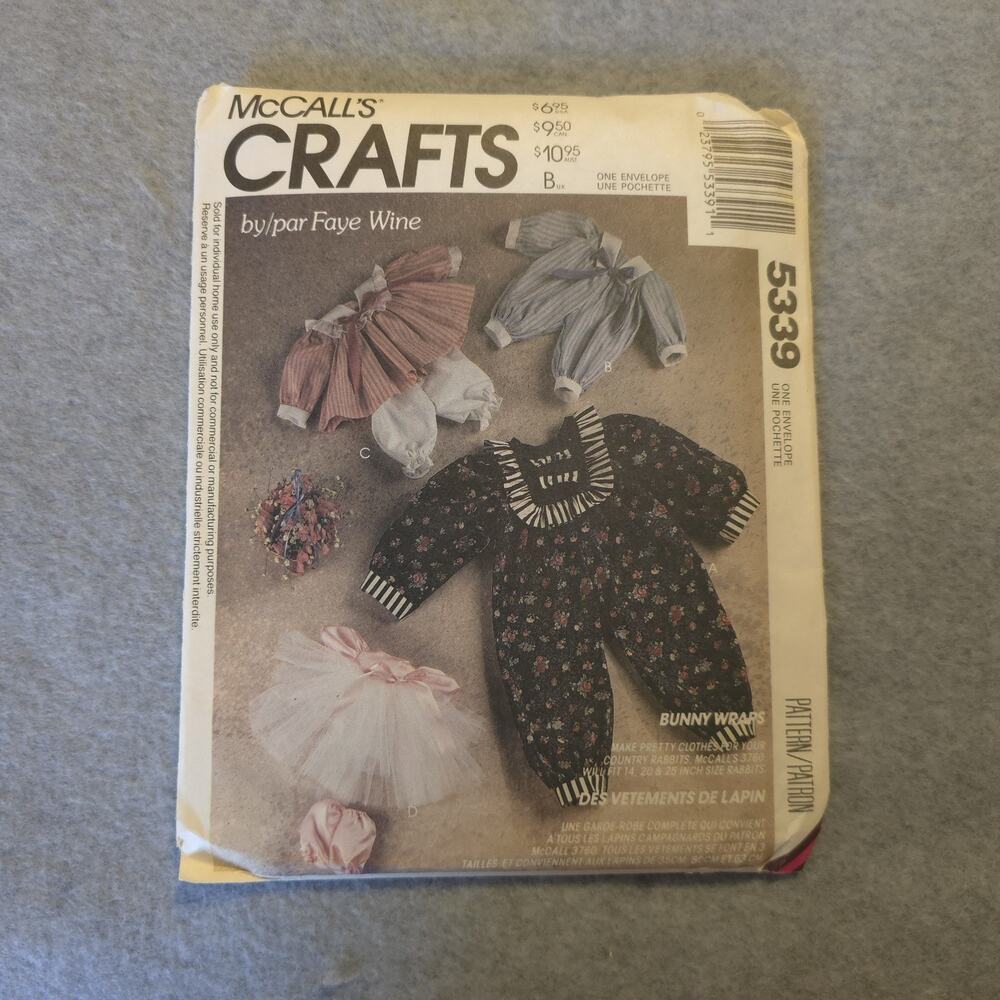 1990's McCall's Rabbit Wardrobe Pattern 5339 for 14,20,25" Size Rabbits UNCUT‎